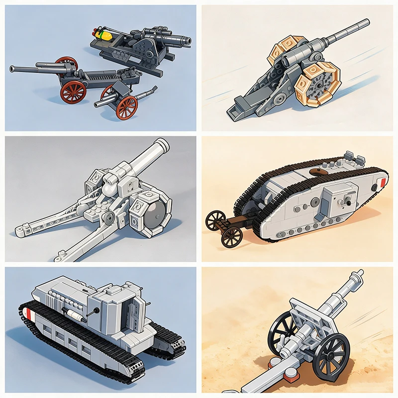 MOC WW1 Military Army Soldier Figure Field Artillery Tank Scene Building Block Cannon Howitzer Carriage Model DIY Bricks Boy Toy