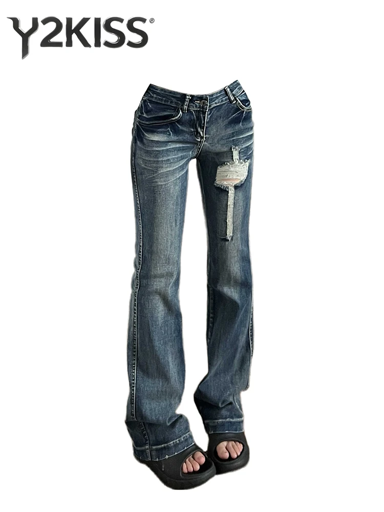 

Women's Skinny Jean Punk Cross Ripped Denim Pants Abi Y2K Japanese Harajuku 2000s Goblin Core Grunge Tide High Street Korean New