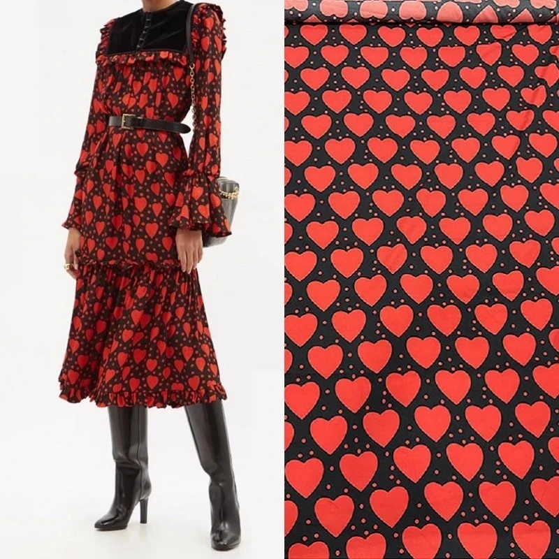 

Europe and America Heart/Black and White Lattice Printed Imitate Silk Satin Fabric For Woman Dress Blouse DIY Cloth Sewing