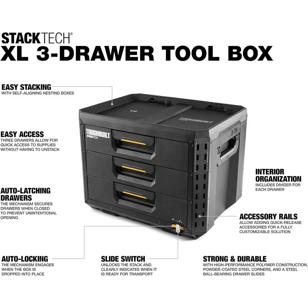 Portable Heavy-Duty Toolbox StackTech XL 3, 50 lb Capacity, 22 Dividers, Auto-Latching Drawers and Accessory Rails