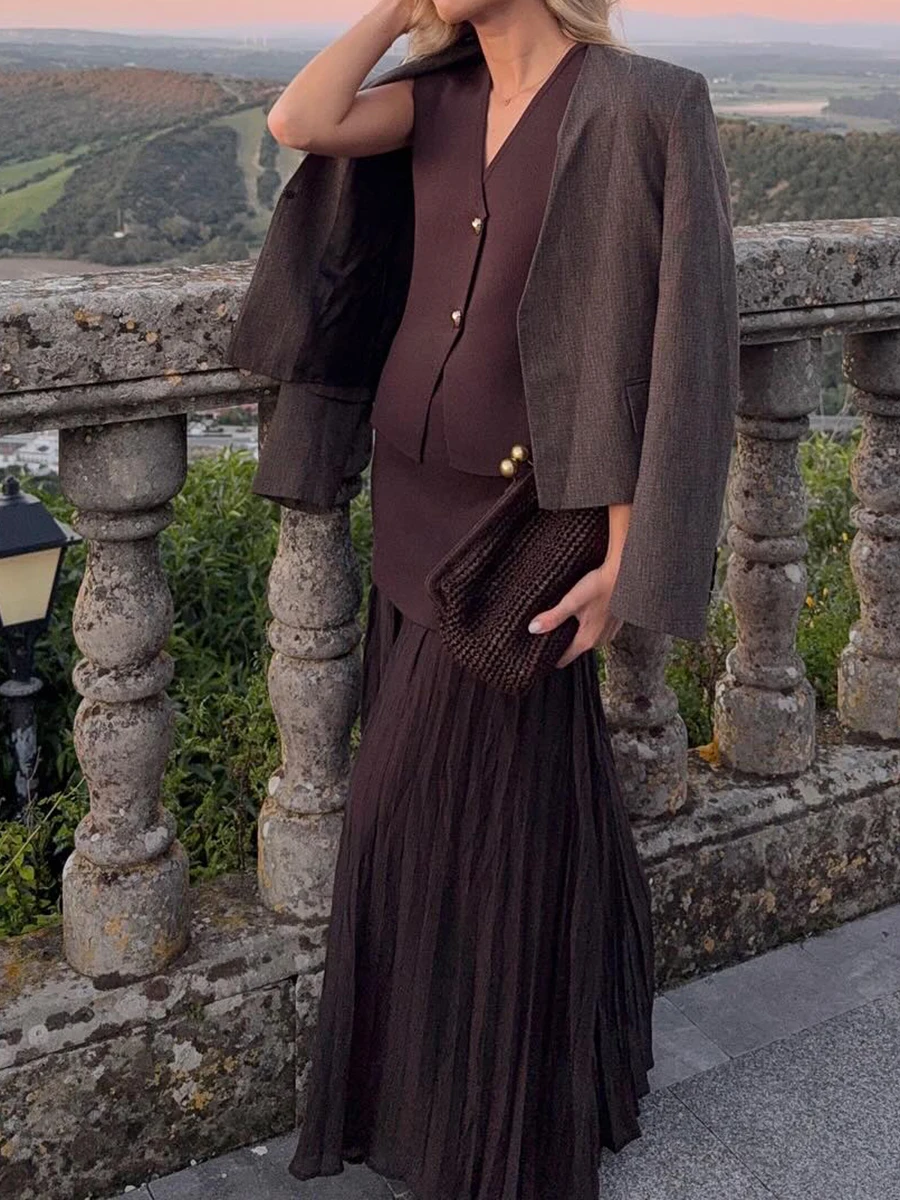 

Solid Elegant Knitted Suits Women Summer New V Neck Single Breasted Vest+Patchwork Long Skirt Simple Casual Fashion 2 Piece Set