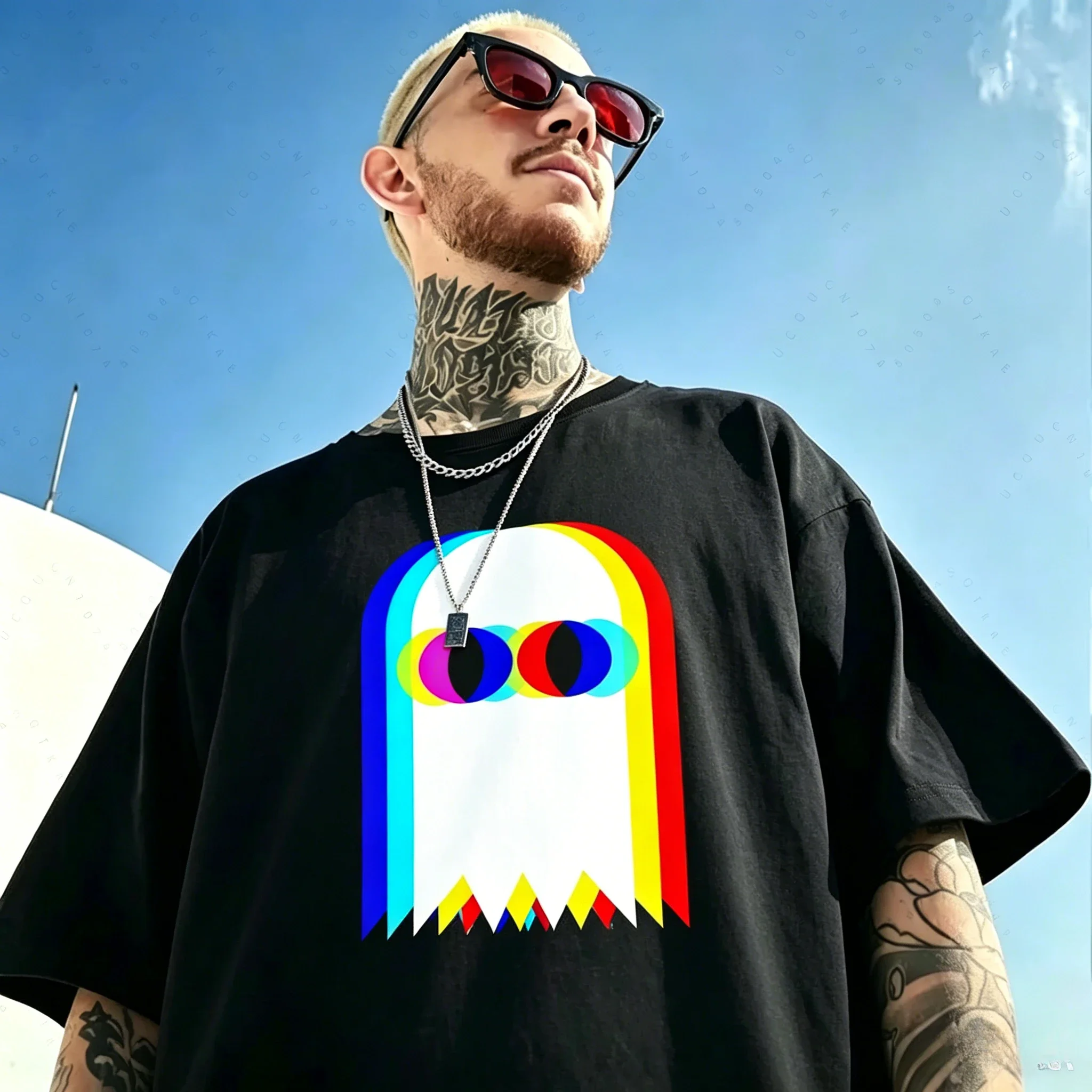 Funny Ghost Psychedelic Vaporwave Halloween EDM Music Fashion Brand Premium Round Neck Short Sleeve Solid Color T-shirt