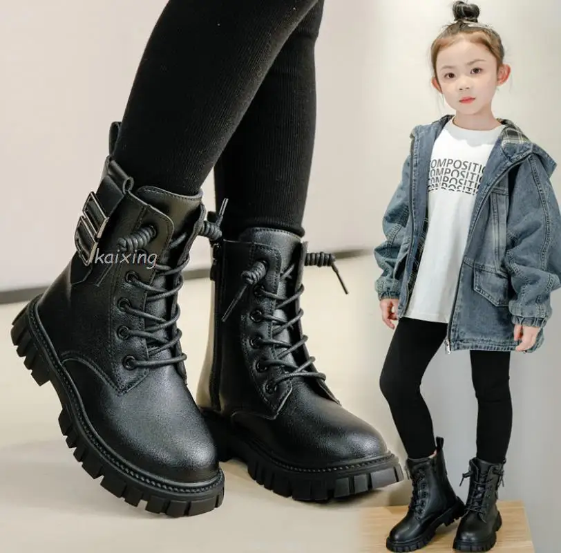 Kids Long Boots Fashion Black Pu Leather Boys Girls Autumn Boot Side Zipper Mid-calf Chic Children\'s Autumn Winter Flat Shoes