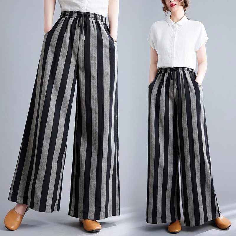 Retro Literary Casual Cotton and Linen Striped Wide-leg Pants for Women in Spring and Autumn New Casual Bottoming Trousers