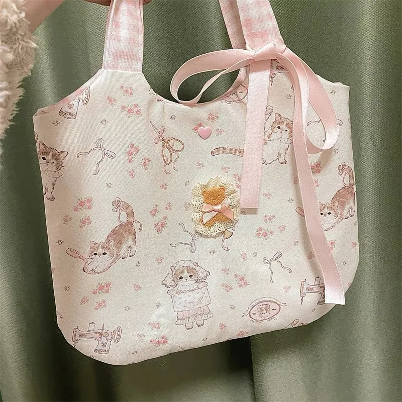 Sweet Cat Floral Print Student Handbag Lovely Girl Tote Bag Large Capacity Big Square Shoulder Bag Handbags