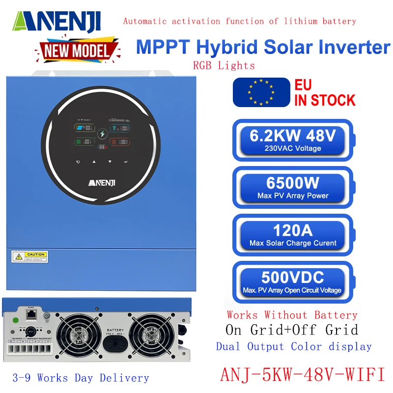 New 5KW 48V Hybrid Solar Inverter MPPT Off Grid Tie Solar Inverter Dual Output Color Screen Pure Sine Wave 100A Solar Charger