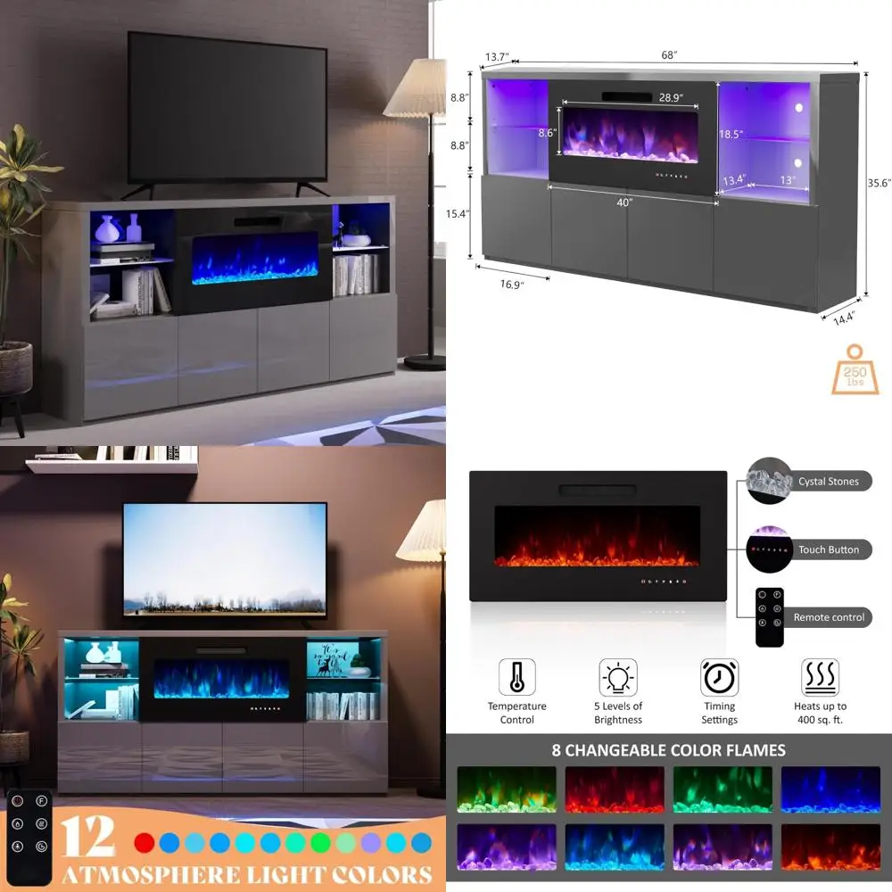 

Contemporary Glossy 68 TV Fireplace Stand with LED Lights, Entertainment Center for TVs up to 78