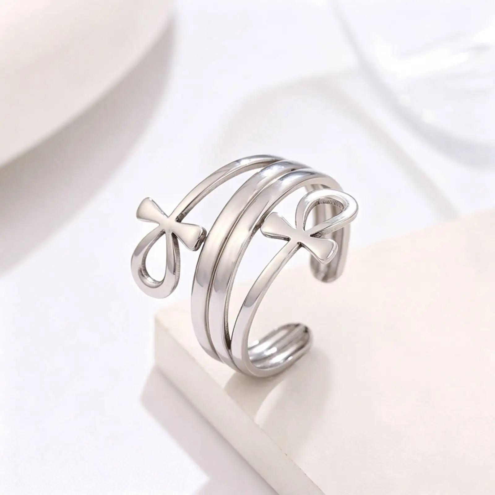 Antiker ägyptischer Ankh-Kreuz-Offenring aus Edelstahl, Ring mit dem Symbol des Lebens, Amulett-Schmuck, Geburtstagsgeschenk für Damen und Herren. – Detail 3