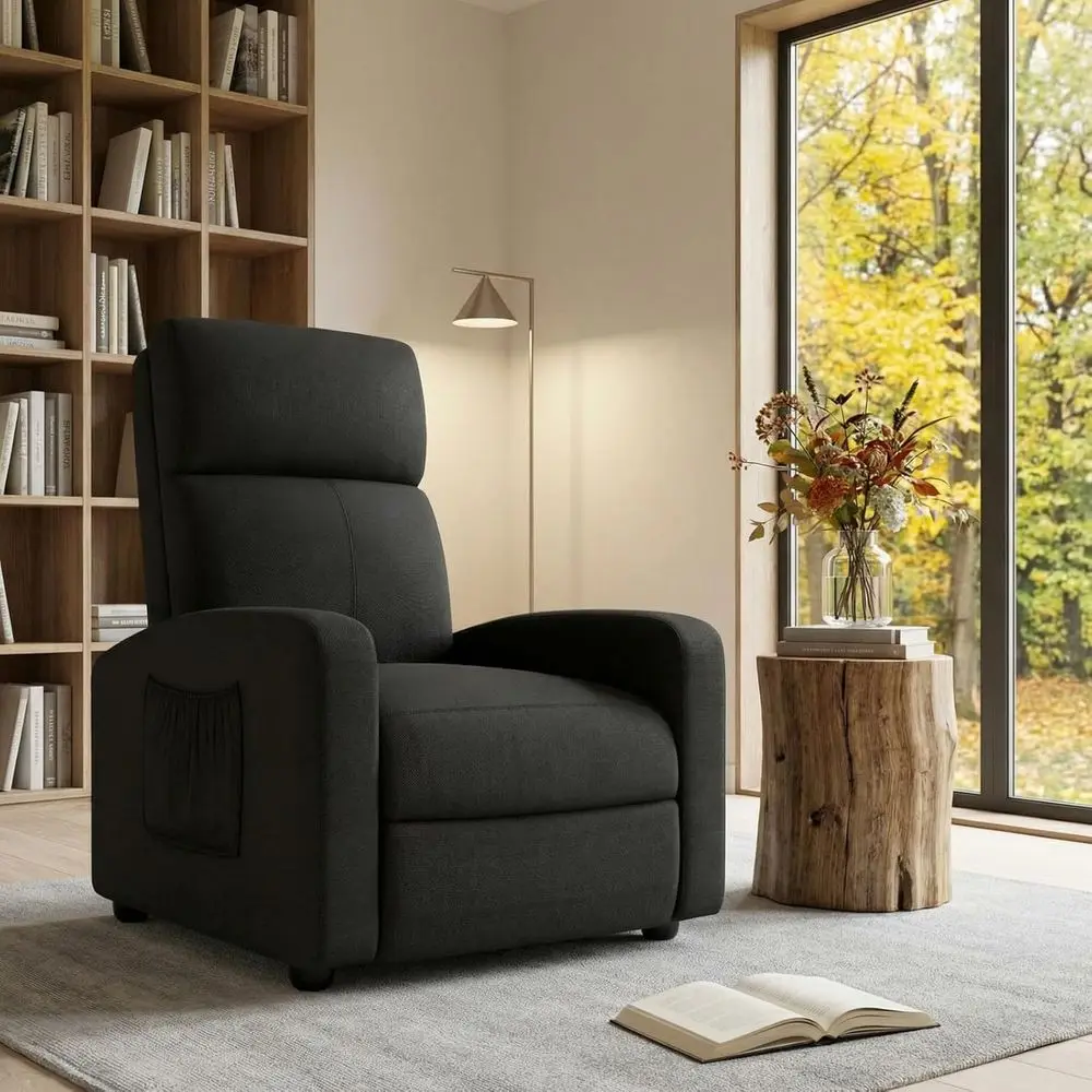 Reclining Sofa Chair with Thick Cushion, Side Pocket, Adjustable Back and Footrest, Ideal for Home Theater or Living Room, Linen