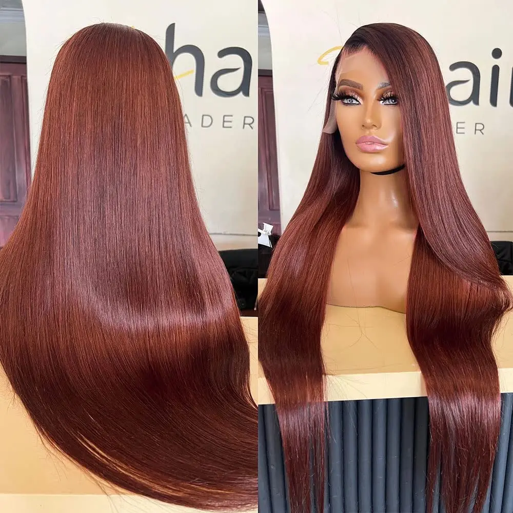 Reddish Brown Lace Front Human Hair Pre Plucked Dark Red Brown Bone Straight 13x4 13x6 HD Lace frontal Wig On Sale Clearance