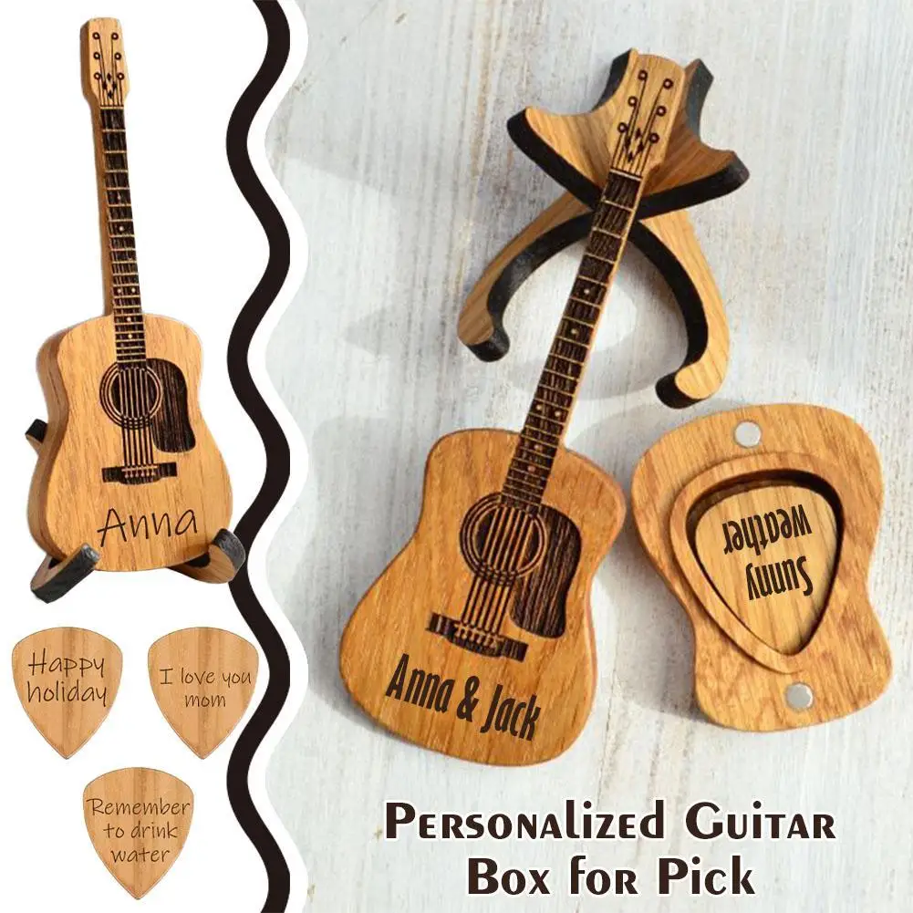 

Personalized Wooden Guitar Pick Box With Standard 3 Pcs Engraved Guitar Picks Acoustic Guitar Box For Guitar Picks Custom Music