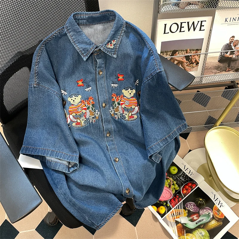 

Blue Bear Embroidery Patchwork Denim Blouse Women Short Sleeve Japanese Shirts 2022 Summer Korean Tops Female Clothes Harajuku