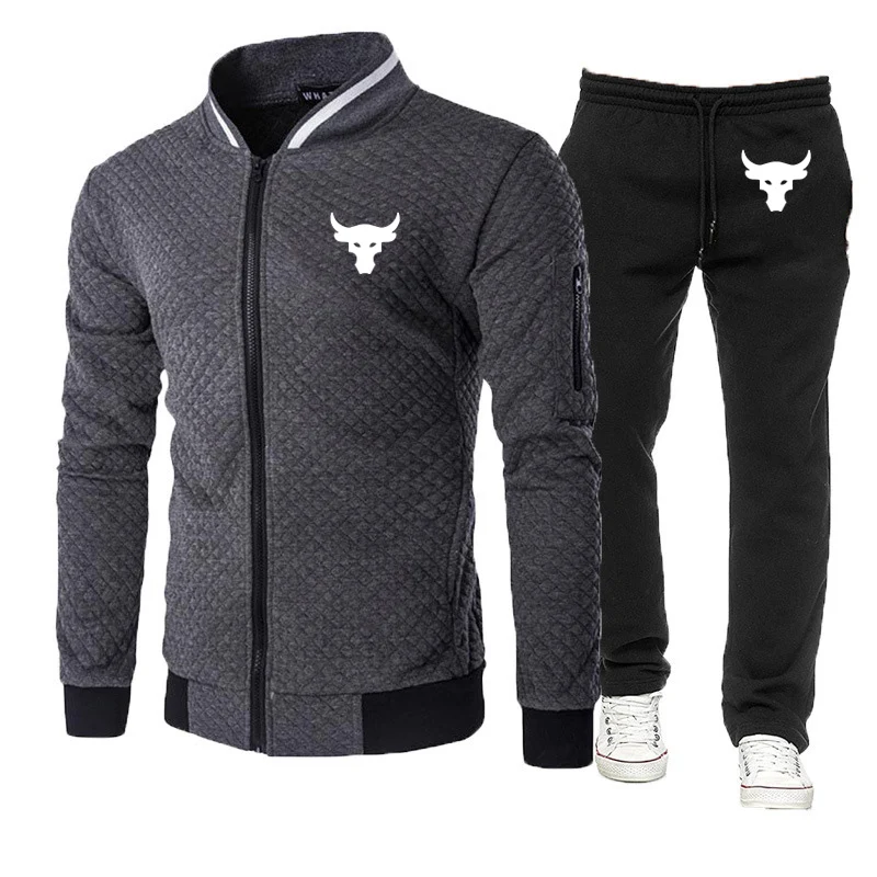 Dwayne Johnson Brahma Bull Tattoo Logo Print Spring Autumn Mens  Popular Round Neck Jacket Sportswear+Sweatpants Slim Sports Set