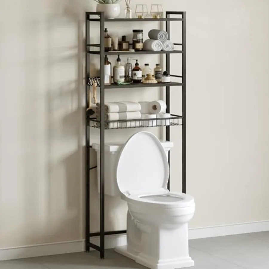 

Over The Toilet Storage Rack, Bathroom Organizer with 3 Shelves and Basket, Space Saver Over Toilet Shelf with Adjustable Hooks