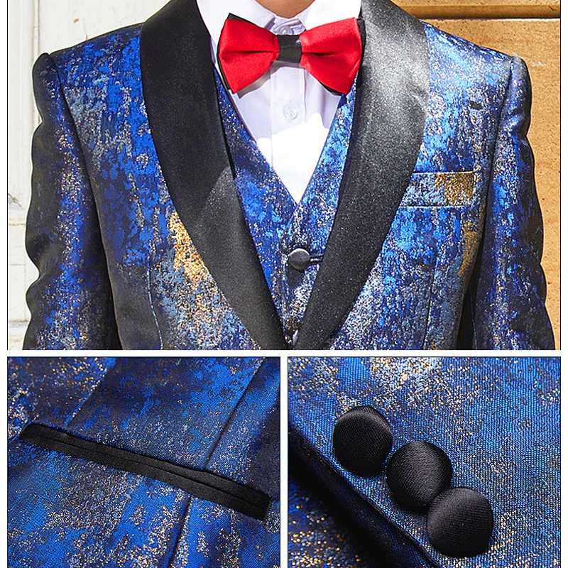 Newest Blue Printed Boy Suits For Wedding Prom Kids Flower Suits Terno Masculino Slim Fit Child Blazer 3 Pieces Jacket+Pant+Vest