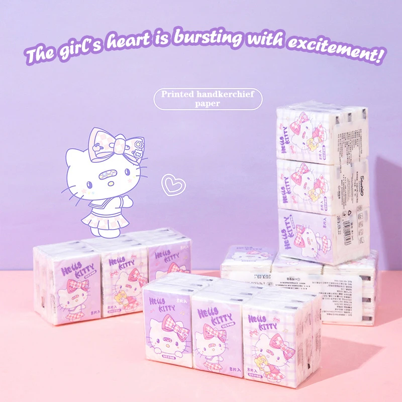 9pcs Sanrio Tissue Kawaii Hello Kitty Cartoon Printed Handkerchief Cute Girl Portable Toilet Paper Girly Birthday Gift