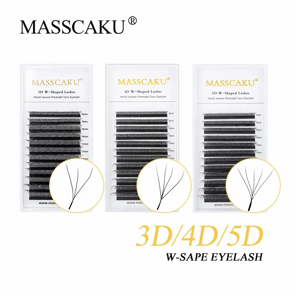 MASSCAKU W Tập Người Hâm Mộ 3D/4D/5D/6D Hình Đôi Đầu Lông Mi Phần Mở Rộng 8-15Mm hỗn Hợp C/D Cong Sai Làn Mi Sỉ Trang Điểm