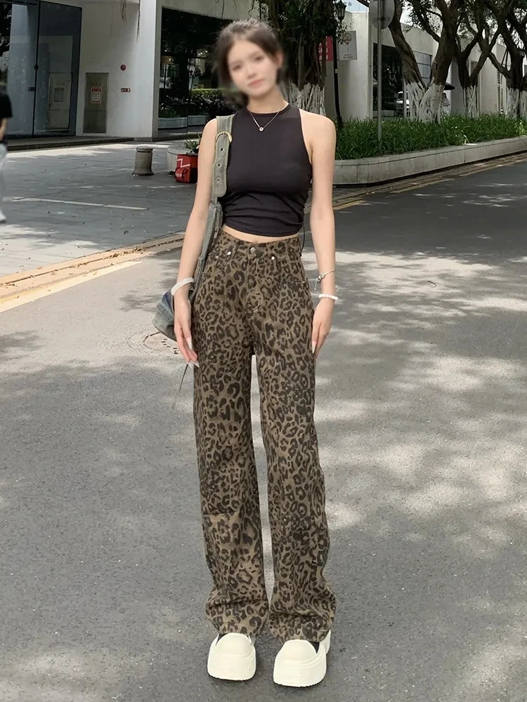 Design leopard print American retro jeans women\'s summer casual wide-leg high street loose straight narrow version long pants