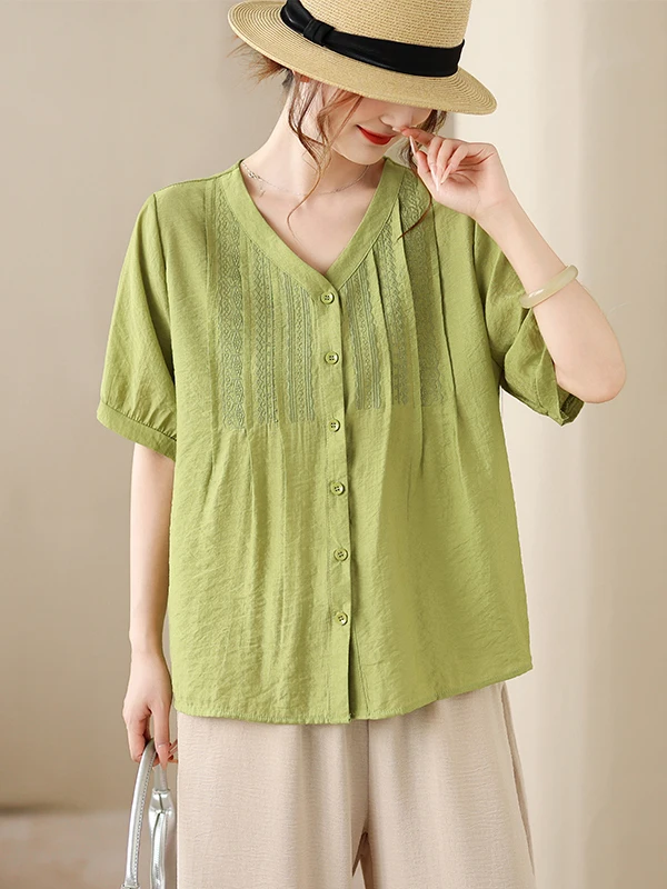 

Повседневная женская рубашка с V-образным вырезом и плиссированным дизайном, свободного кроя, с короткими рукавами, летняя новинка, универсальная футболка, элегантный модный топ