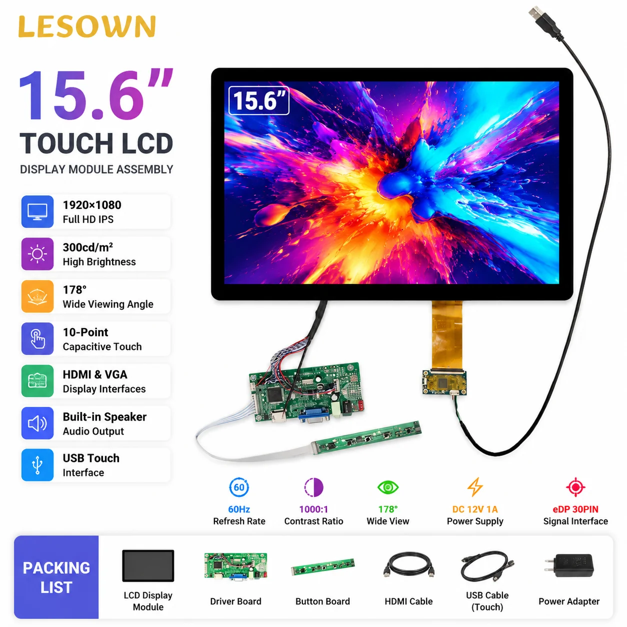 LESOWN 15.6inch 1366x768 Capacitive Touch Screen Component No Driver Needed HDTV VGA Drive Board Module with USB Cable Set