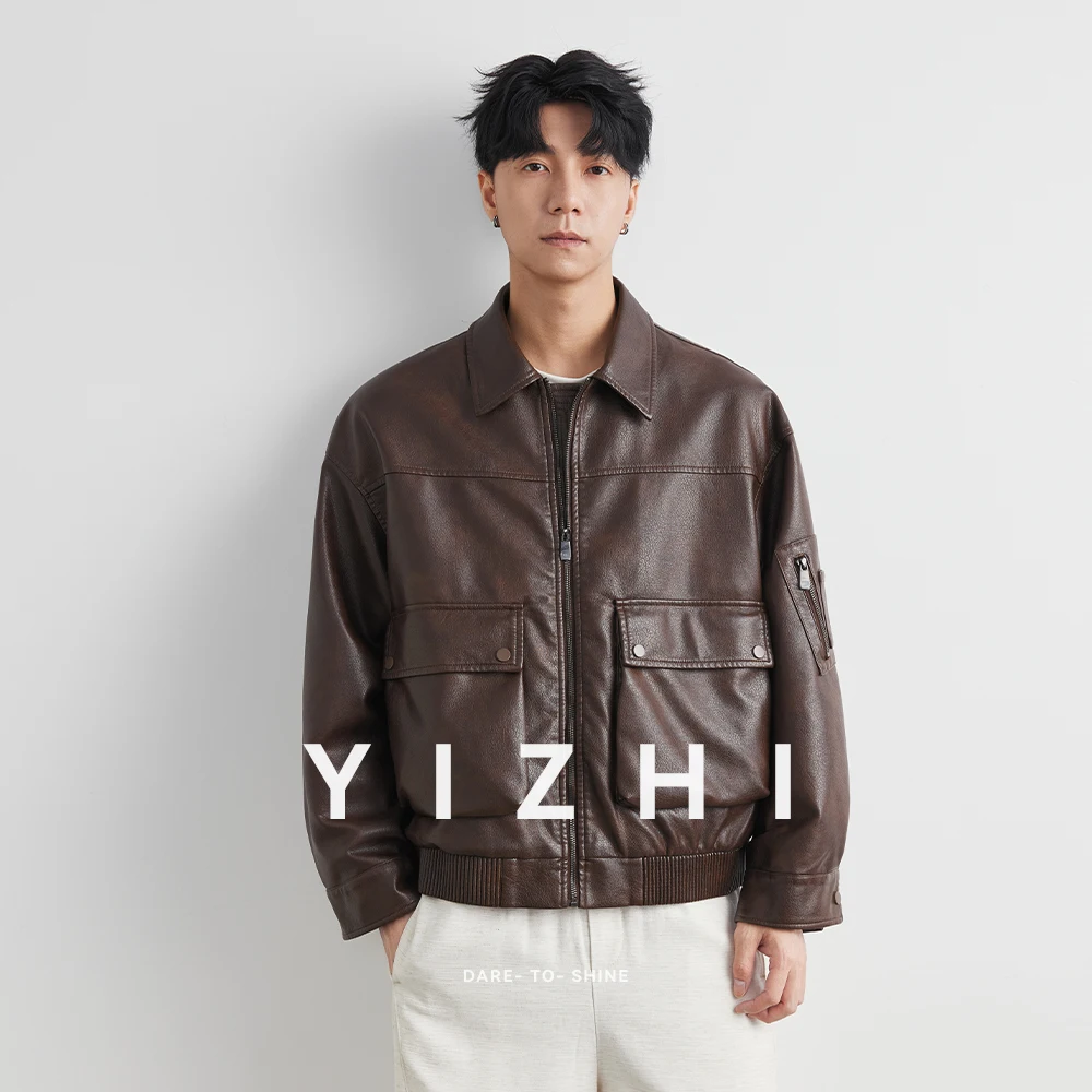 Distressed Vintage Leather Jacket For Men's Loose PU Moto Biker Jacket Windbreaker Luxury Bomber Jacket Outerwears Men Clothes - Image 3