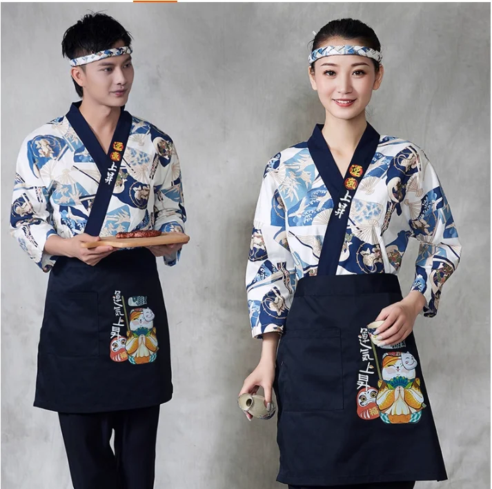 Japanese Chef Uniform Cuisine Jacket Kimono Work Clothes Sushi Tops Restaurant Print Spring Vintage