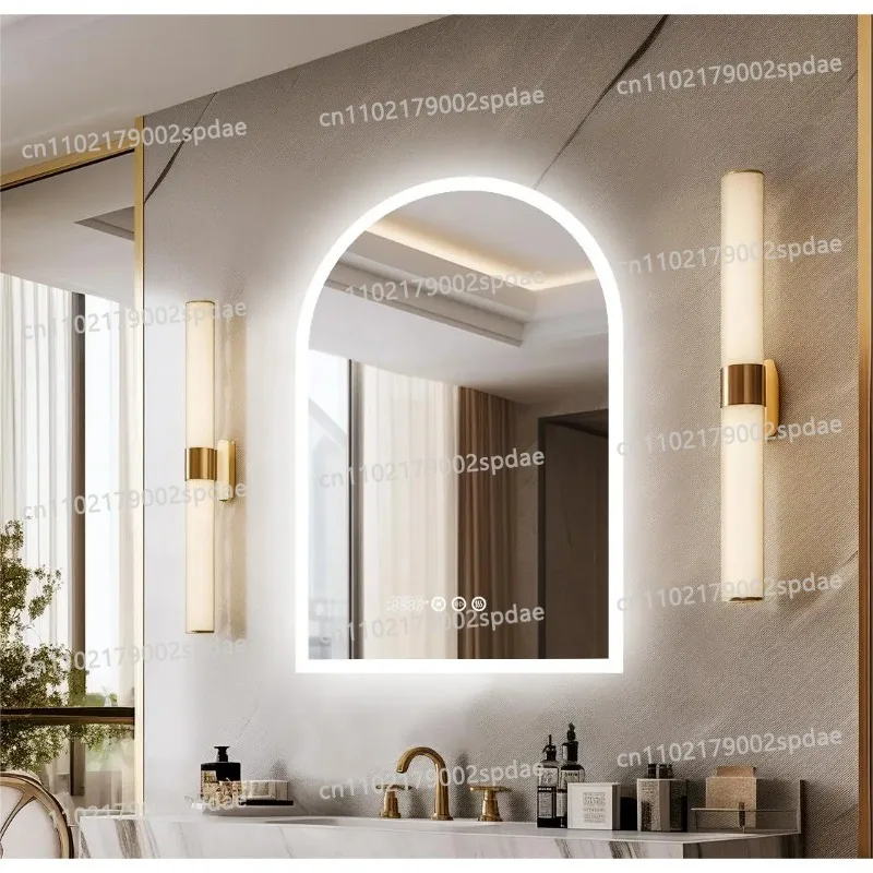 60x90CM Vertical Arch Backlit  Bathroom Mirror Frameless Anti-Fog Wall Mirror with Time and Temperature Display