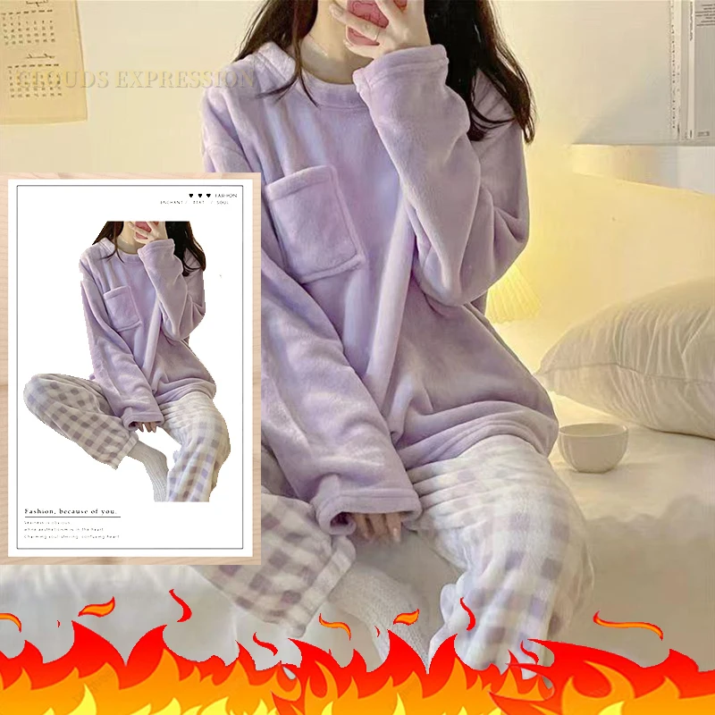 Autumn Winter Flannel Women Pajamas Sets Classic Plaid Printed Teddy Sleepwear Velvet Homewear Kawaii Girsl Pijamas Mujer Pyjama