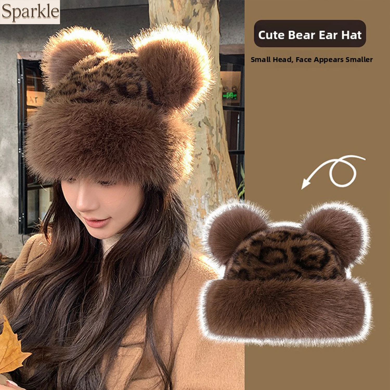 Leopard Patterned Bear Ear Plush Mongolian Hat Thickened Warmth Winter Cap All-Match Autumn Winter Faux Fur Hat
