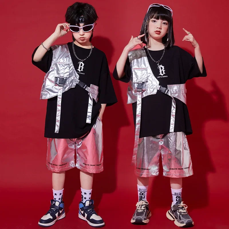 Kinder Hip Hop Streetwear Schwarzes T-Shirt Silber Weste Shorts für Jungen Mädchen K-Pop Street Dance Kleidung Jazz Kostüm