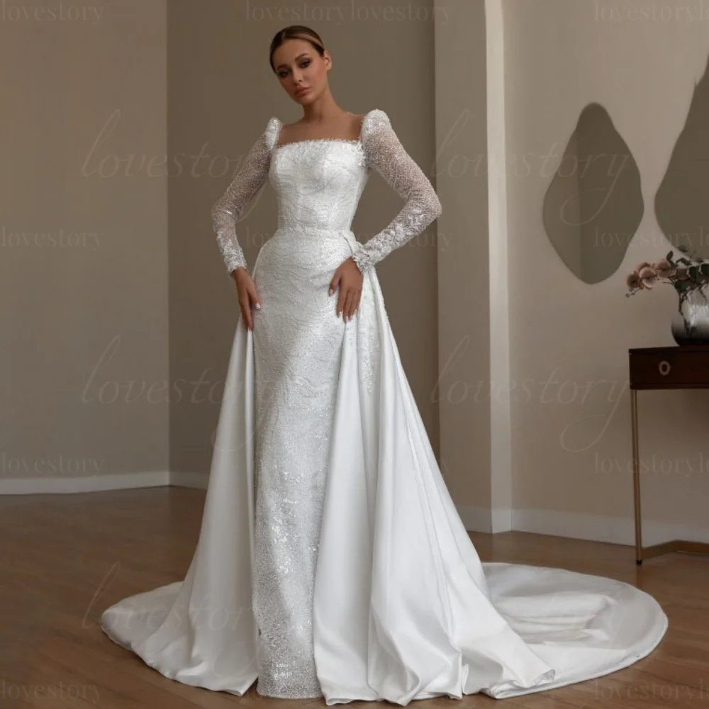 Classic Lace Wedding Dresses Customized Bridal Gowns Luxury Mermaid Long Sleeve Sequined Bride Robes vestido de novia