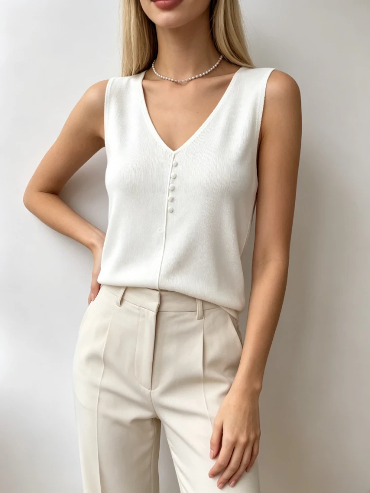 Women New 2026 Thin Ice‑Silk Knitted Vest Solid‑Color V‑Neck Sleeveless Slim‑Fit Button‑Decor Simple Casual Fashion Blouse Tops