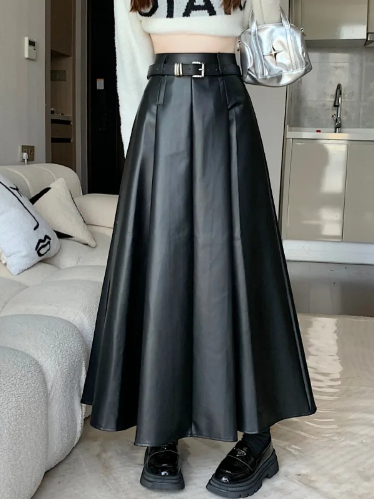 กระโปรงหนัง PU เอวสูงทรงเอ ยาวระดับกลาง สำหรับผู้หญิง สไตล์เกาหลี เหมาะสำหรับใส่ไปทำงาน ฤดูใบไม้ผลิ