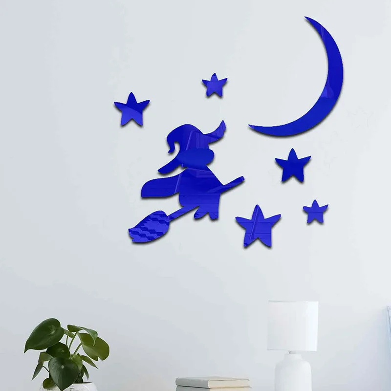 Halloween Witch Moon Stars Sticker Cartoon Broom Witch Starry Sky Acrylic Mirror Surface Sticker for Bedroom and Living Room