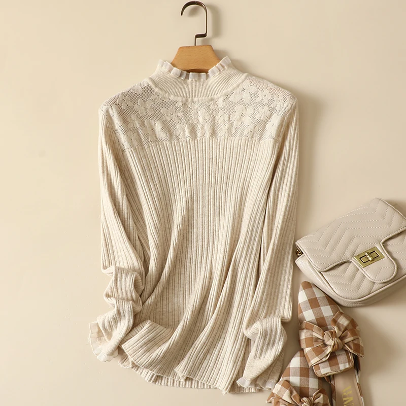 

Lace Patchwork Knitted Women Sweater Pullovers Autumn Solid Turtleneck Slim Elastic Elegant Female Pulls Outwear Tops