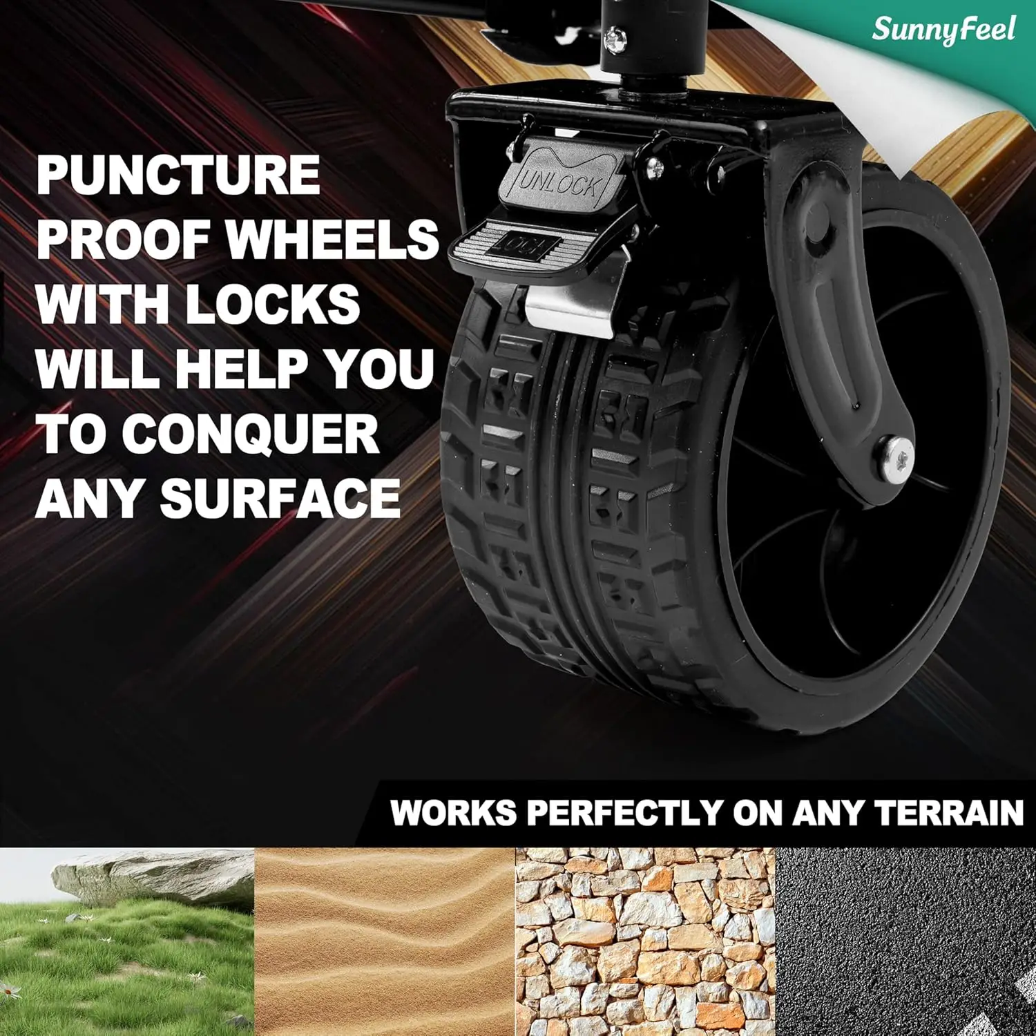 عربة عربة قابلة للطي شديدة التحمل مقاس 49 بوصة مع عجلات وفرامل وجيب جانبي للتخييم والرياضة والحديقة والتسوق (أسود) #3