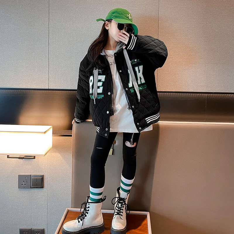 

Winter girls padded padded jacket parkas letter hooded baseball uniform padded jacket parkas vestido