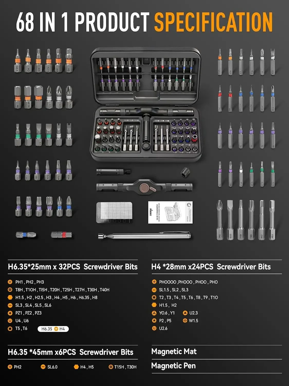 68 in 1 Ratcheting Screwdriver Set, 58-Tooth T-Handle with Magnetic Pickup  Pad, 42 S2 Steel Bits, Magnetic Case, Repair Kit for Electronics, Laptop, PC, Game Console, Furniture, Bike view 6