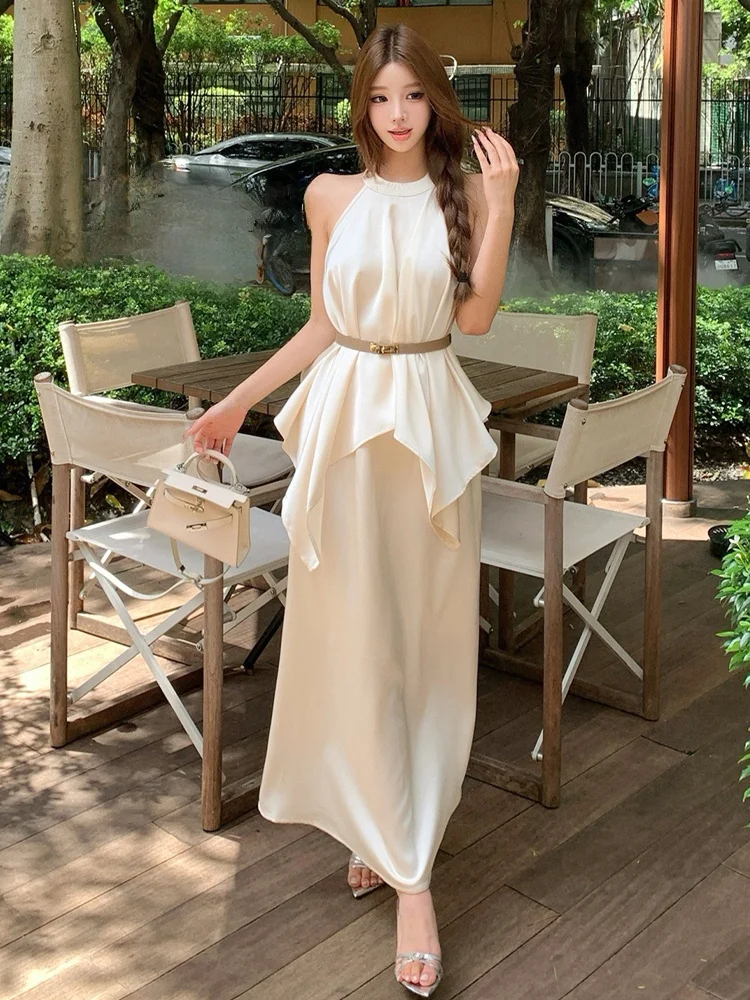 

Ele Satin round Ne Svel Asymmetrical Top And Skirt Two-Piece Set Faionable Korean Sle Women's Clothing