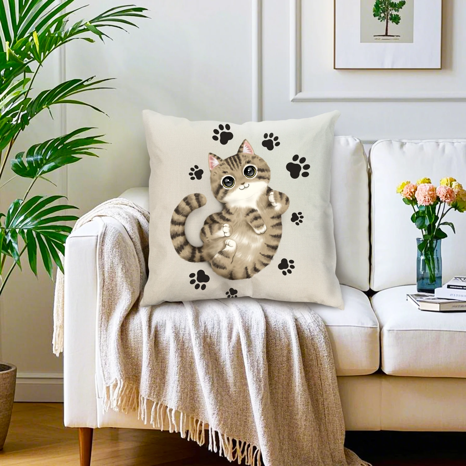 Cute Tabby Cat Linen Cushion Cover Kitten Paw Decorative Throw Pillow Case Kawaii Pet Animal Home Decor Sofa Couch Bedroom Patio