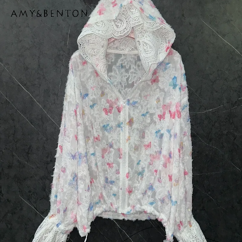 

Летняя женская толстовка 2026 с капюшоном, длинными рукавами, бахромой и стразами в стиле Kawaii, повседневный милый стиль, топ-блузка