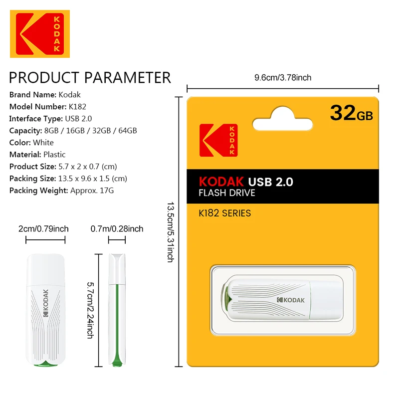 5 uds KODAK USB Flash Drive Pen Drive K182 Pendrive 32GB 64GB 128GB 256GB CLE USB 2,0 Flash Disk Mini Memory Stick