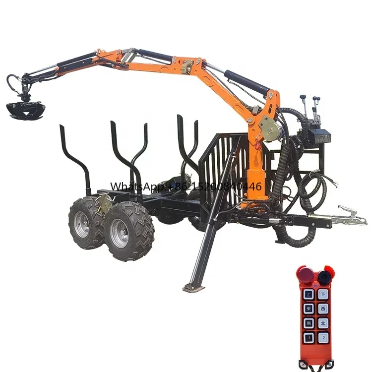 Towable Small Self Loading ATV Timber Log Trailer With Hydraulic Small Crane and Log Grab Grapple