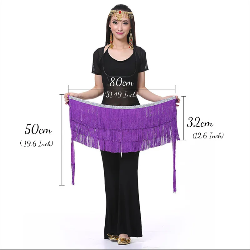 

Women Belly Dance Hip Scarf Performance Outfits Tassel Skirt Festival Clothing 3 Layers Wave Fringe Belt Rave Costume Solid Red