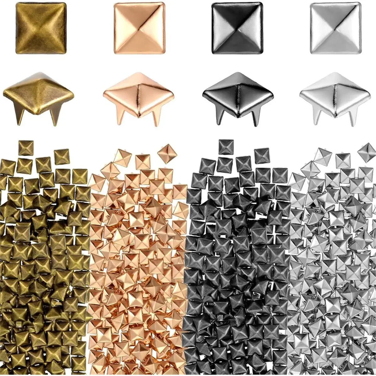 A45I 400Pcs 7mm Silver Pyramid Studs for Clothing,4 Colors Metal Studs and Spikes 4 Prong Metal Nailhead Stud for Crafts Bags