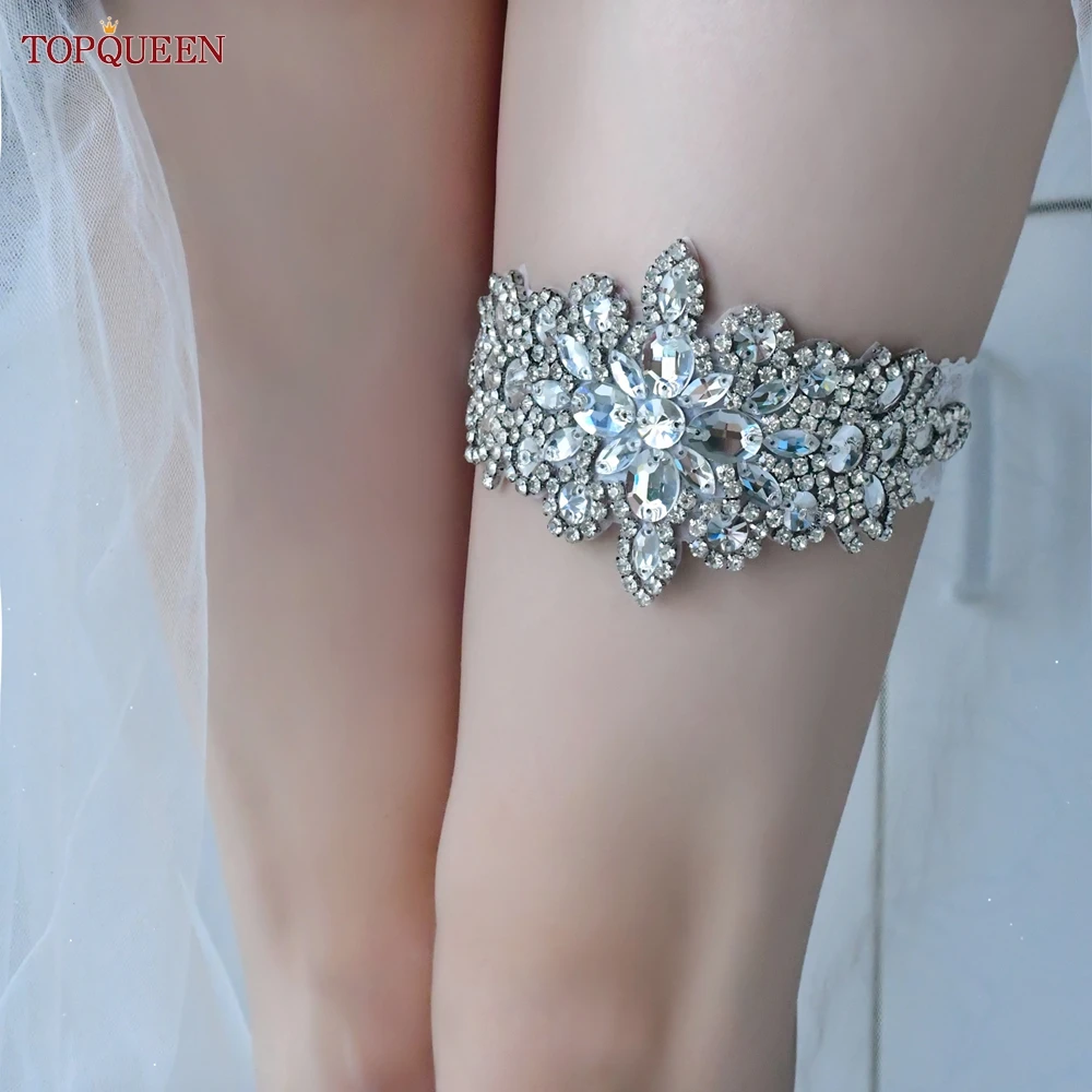 TOPQUEEN THS01 Wedding Garter White Elastic Belt Sparkly Colorful Crystal Sexy Female Women Bridal Leg Ring Silver Rhinestones