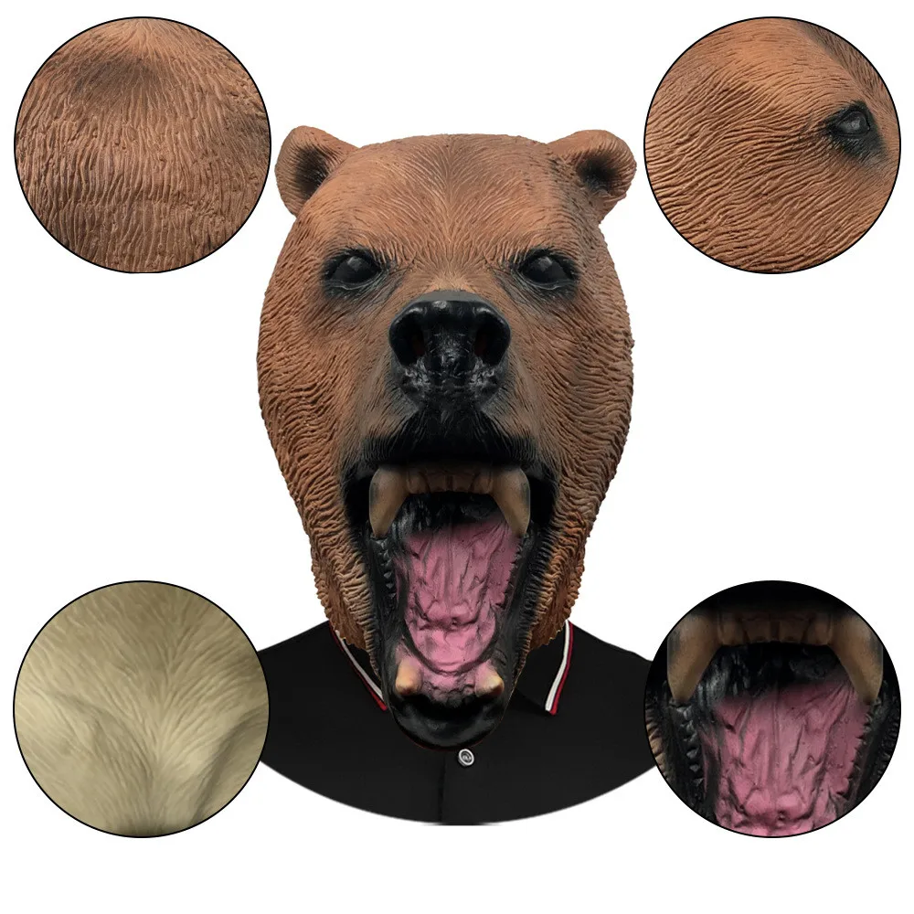 Braunbär Tierkopf Latexmaske Halloween Wildes Waldtier Kostüm Grizzlybär Überkopfmaske für Erwachsene – Detail 4