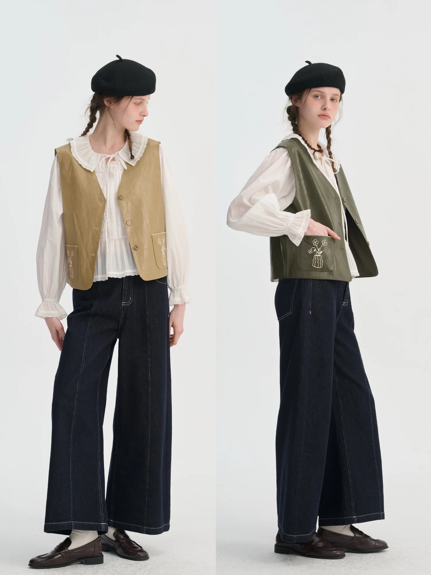 

Sullenger Embroidered Oil Wax Leather Vest Spring Summer Two Colors Padded Design Pocket Layering Sleeveless Top Women's Fashion