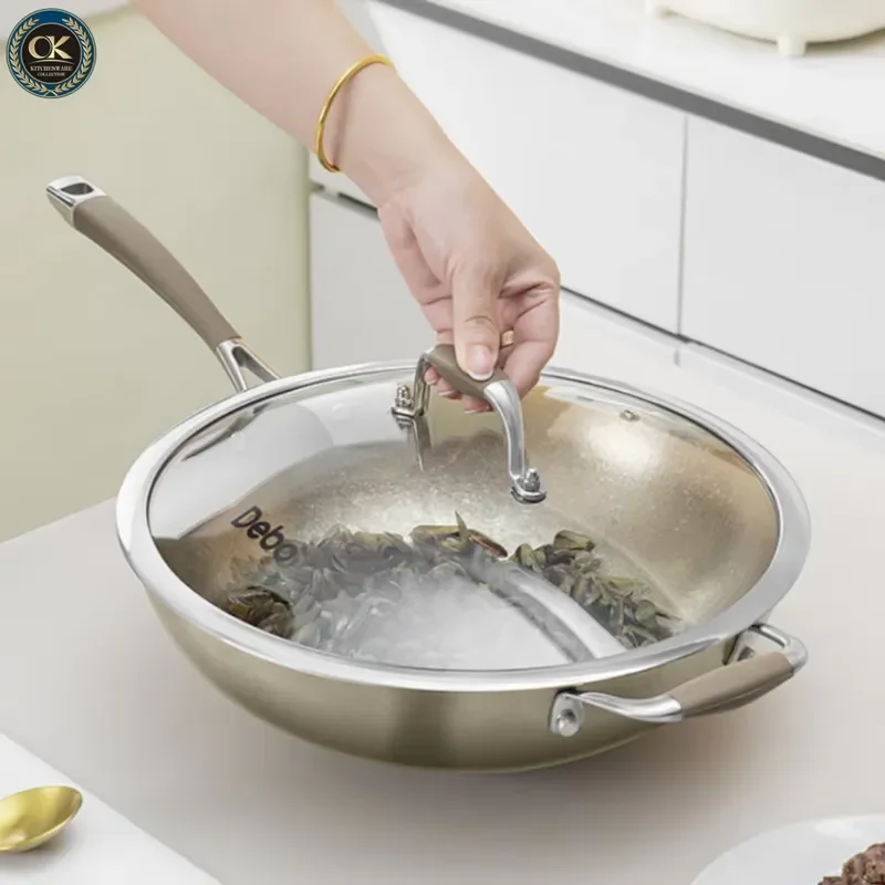 Pure Titanium Wok with Glass Lid Non Toxic Chinese Cooking Pan Double Heat Resistant Handle for Induction Cooker and Gas