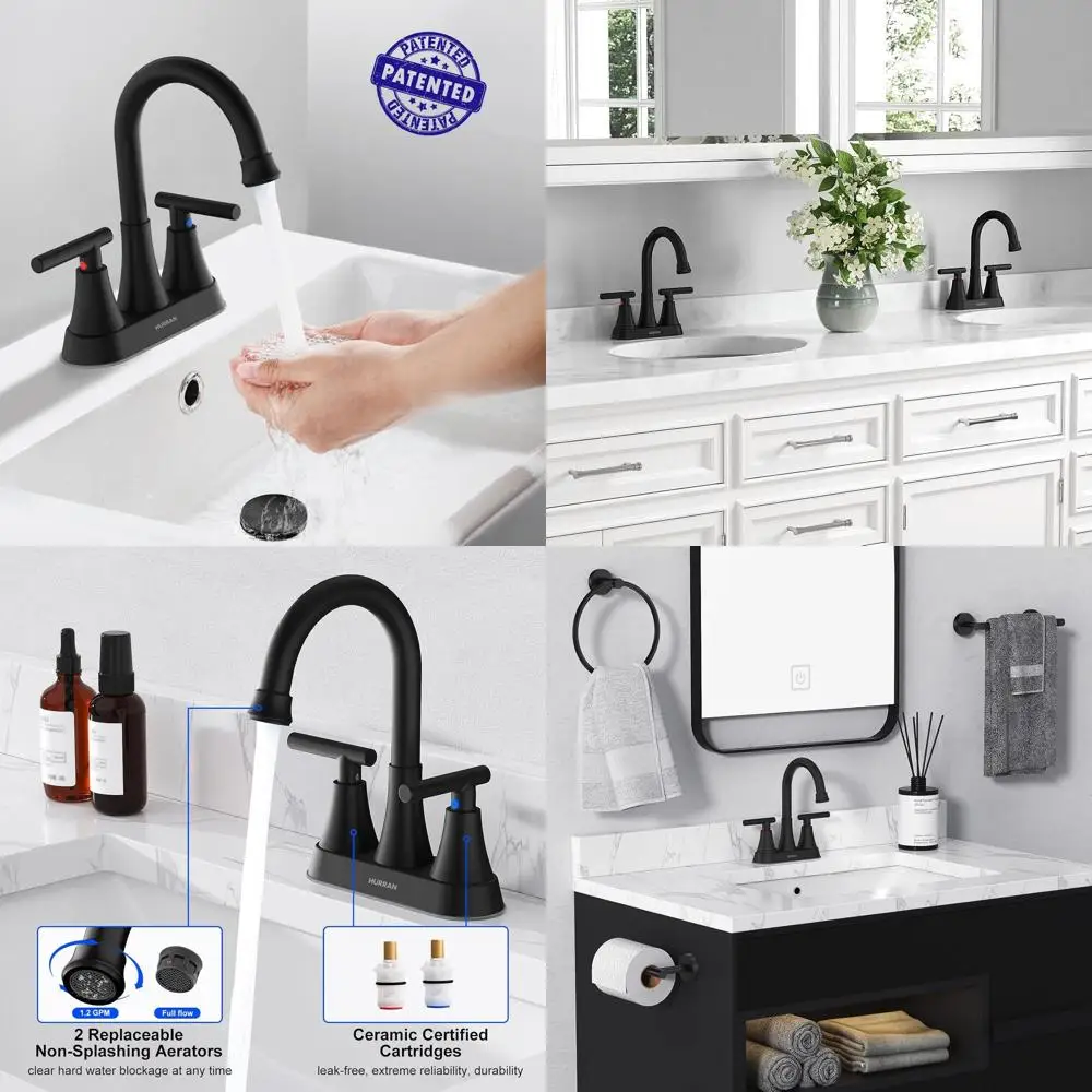 

3-Hole Matte Black 4 Centerset Faucet with Pop-up Drain and 2 Hoses for Sink Vanity
